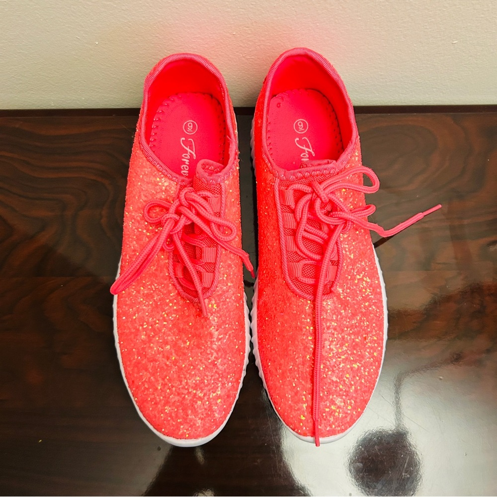 NEW Forever21 Sz 9 Sneakers Shoes Hot Pink White Glittery Electric Party Night